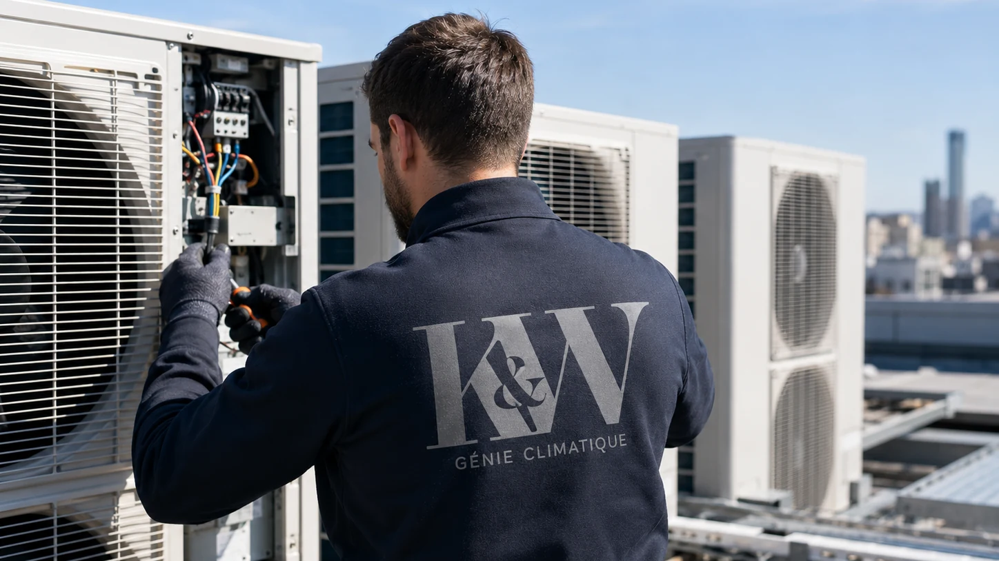 Technicien K&W Génie Climatique en intervention sur des groupes de climatisation extérieurs